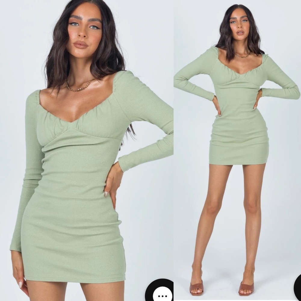Princess Polly Renee Green Long Sleeve Ribbed Side Tie Ruched Mini Dress